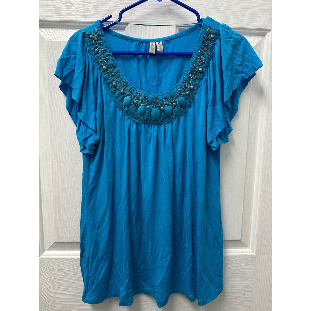 Women's Madison Beaded Neck Flutter Sleeve Blue Medium Blouse